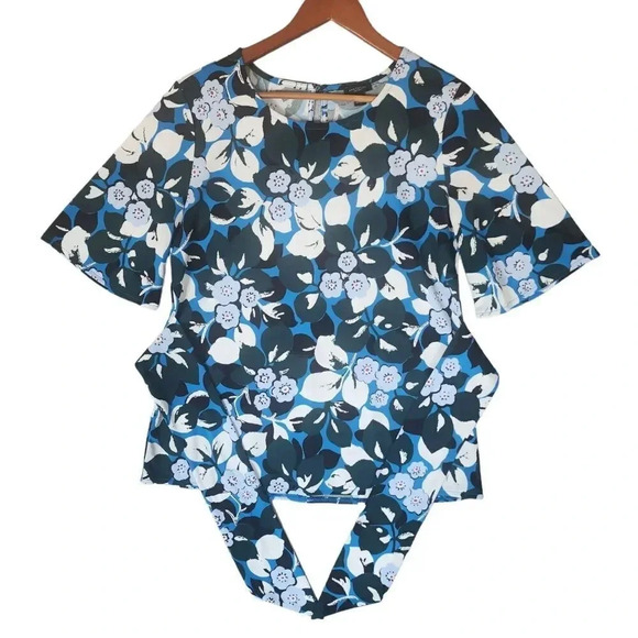 Ann Taylor Factory Top Womens Size Medium Blue Polyester Short Sleeve Floral - Picture 1 of 12